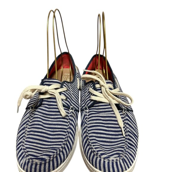 Toms Mens Culver Fabric Boat Shoe Size 9 1/2 Blue Stripe Tie Closed Toe - Picture 4 of 7